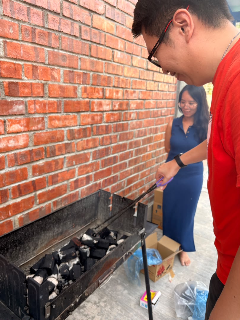 Simon kicked start the barbeque
